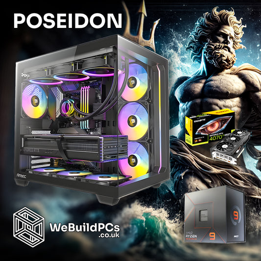 Custom POSEIDON PC by WeBuildPCs featuring AMD Ryzen 9 7900X and NVIDIA RTX 4070 Ti in Antec C5 case. Poseidon-themed background. Logo included.