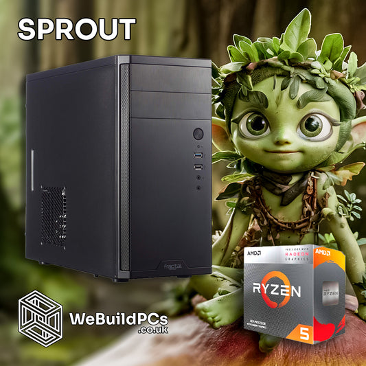 Custom SPROUT PC by WeBuildPCs featuring AMD Ryzen 5 4600G with Radeon graphics in Thermaltake S100 case. Sprout-themed background. Logo included.