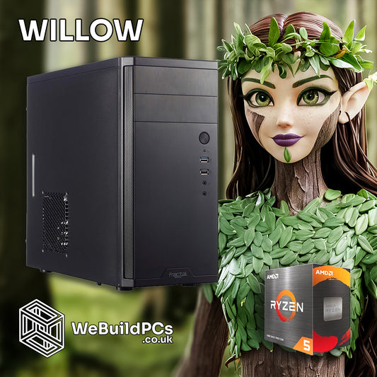 Custom WILLOW PC by WeBuildPCs featuring AMD Ryzen 5 5500GT in Deepcool MATREXX 40 case. Willow tree theme background. Logo included.