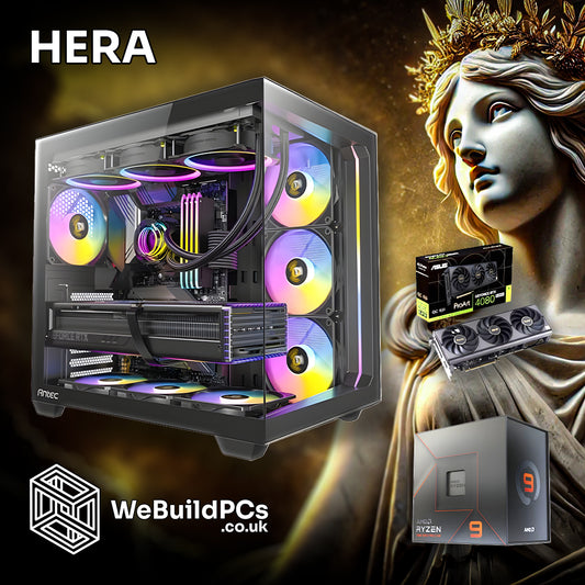 Custom HERA PC by WeBuildPCs featuring AMD Ryzen 9 7950X and NVIDIA RTX 4080 SUPER in Fractal Design North case. Hera-themed background. Logo included.