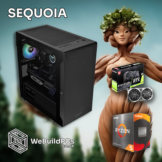 Custom SEQUOIA PC by WeBuildPCs featuring AMD Ryzen 9 5900X and NVIDIA RTX 3060 in NZXT H6 Flow case. Sequoia forest theme background. Logo included.