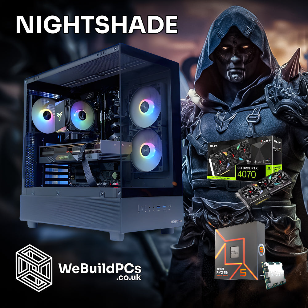 Custom NIGHTSHADE PC by WeBuildPCs featuring AMD Ryzen 7 7600X and NVIDIA RTX 4070 in Corsair 3500X case. Nightshade character theme background. Logo included.