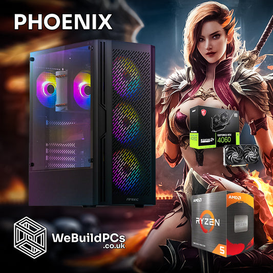 Custom PHOENIX PC by WeBuildPCs featuring AMD Ryzen 5 5600X and NVIDIA RTX 4060 in Thermaltake S100 case. Phoenix fire theme background. Logo included.