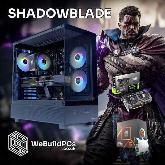 Custom SHADOWBLADE PC by WeBuildPCs featuring AMD Ryzen 5 7600 and NVIDIA RTX 4060 Ti in Montech XR case. Shadowblade character theme background. Logo included.