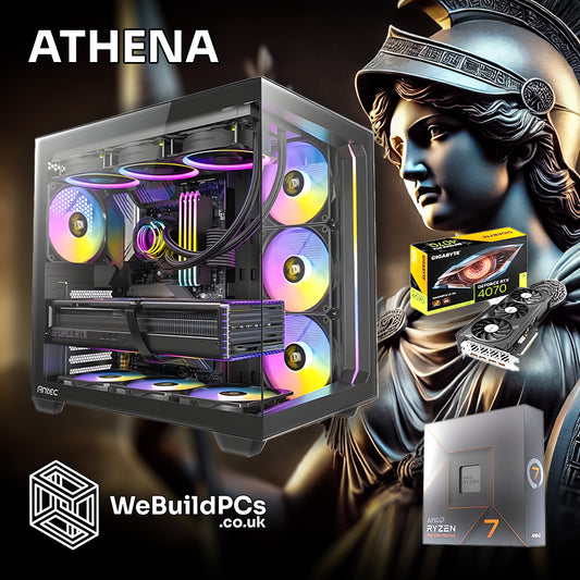 Custom ATHENA PC by WeBuildPCs featuring AMD Ryzen 7 7700X and NVIDIA RTX 4070 in Montech X3 Mesh case. Athena-themed background. Logo included.