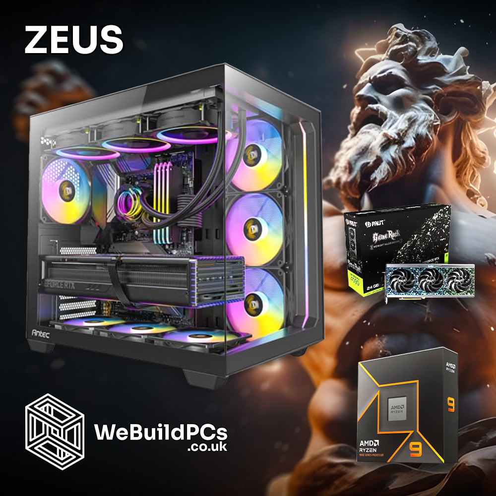 Custom ZEUS PC by WeBuildPCs featuring AMD Ryzen 9 9950X and NVIDIA RTX 4090 in Antec C5 RGB case. Zeus-themed background. Logo included.