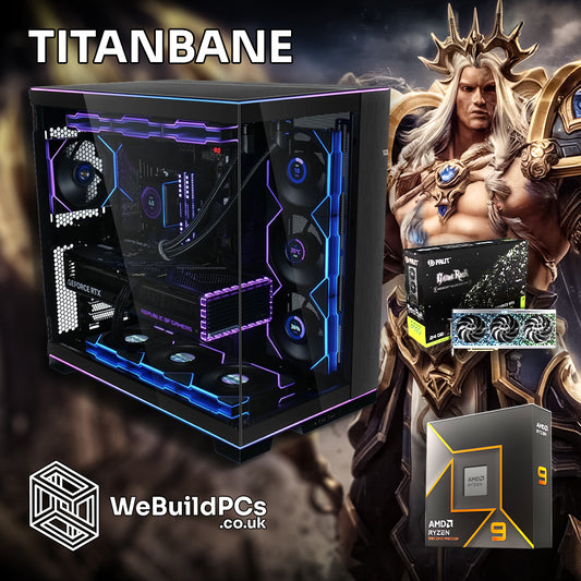 Custom TITANBANE PC by WeBuildPCs featuring AMD Ryzen 9 9950X and NVIDIA RTX 4090 in Lian Li O11 Vision case. Titan-themed background. Logo included.